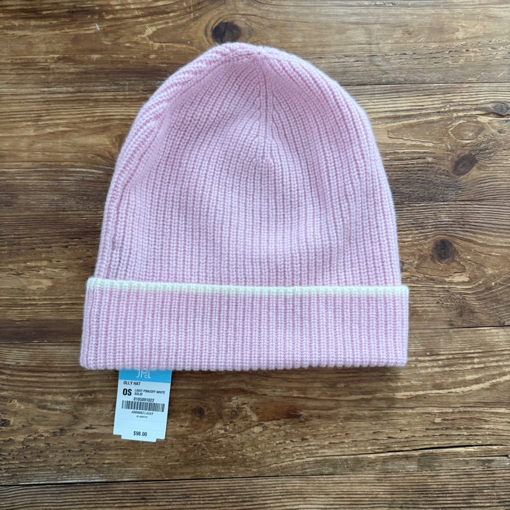 J.McLaughlin Olly Hat Light Pink Off White 100% Cashmere Ribbed Beanie NWT OS